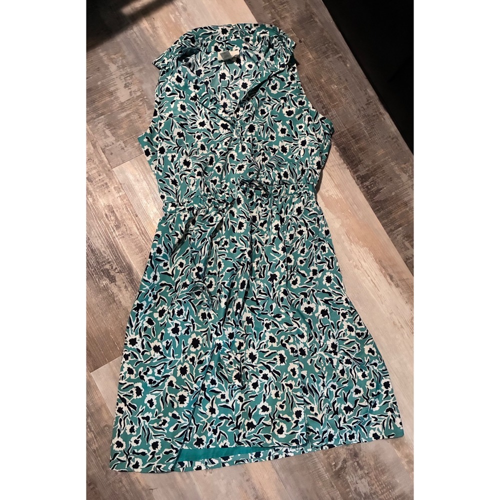 Ann Taylor Loft Teal Floral Sleeveless Button Front Shirt Dress Size 4
